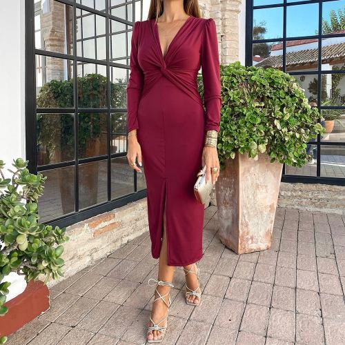 Polyester Slim & front slit Sexy Package Hip Dresses wine red PC