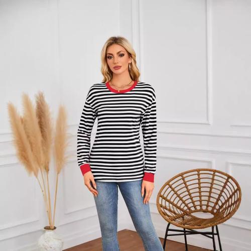 Polyester Soft Women Long Sleeve T-shirt slimming & loose striped PC