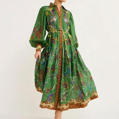 European Style Women's Lantern Sleeve Lace-up dress Country Retro Printed Long Dress