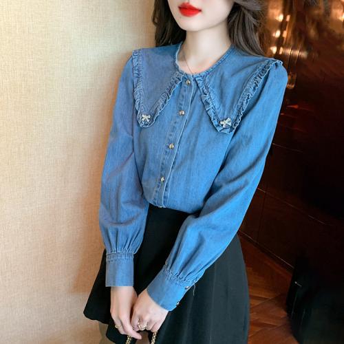 Denim Women Long Sleeve Blouses slimming & loose & breathable Solid blue PC