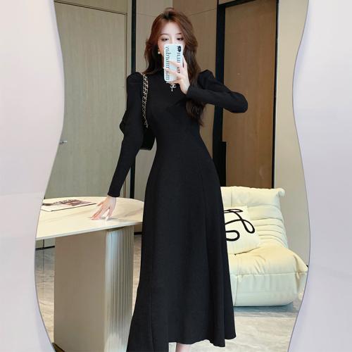 Retro knitted dress women's  New half turtleneck mid-length over-knee slim sweater dress