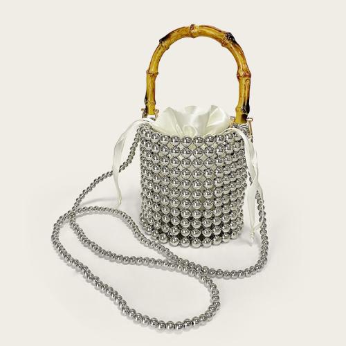 New Niche Design Drawstring Bucket Bag Pearl Chain Bag Portable Bamboo Bag Handmade Woven Bag