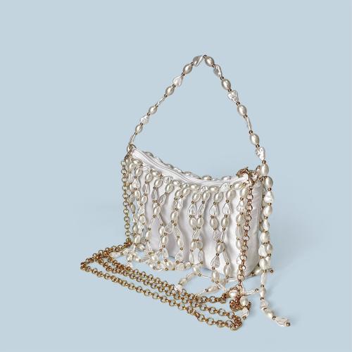 Vintage Woven Beaded Irregular Pearl Bucket Silk Satin Dumpling Banquet Underarm Crossbody Bag