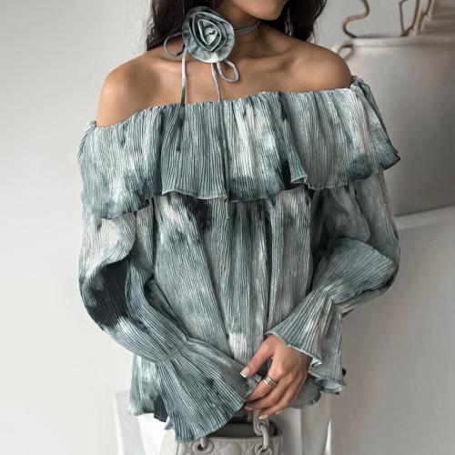 Splash ink style ruffled top 2024 autumn high-end printing and dyeing pullover shirt