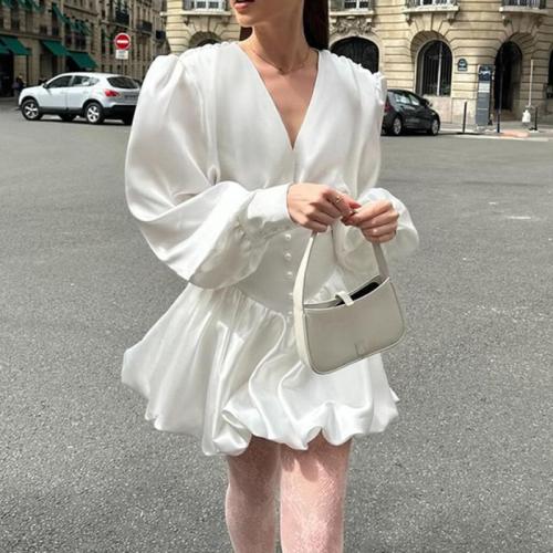 Court Style Satin Lantern Sleeve dress Women's 2024 Autumn and Winter White Elegant Tutu Dress