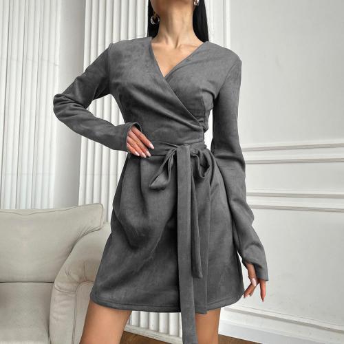 French Suede V-neck Wrap dress 2024 Autumn All-match Brown Lace-up Long-sleeve A- line Dress