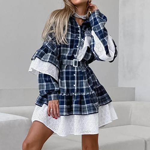 French Design Ruffled dress Women's 2024 Autumn Stitching Waist Plaid A- Line Dress