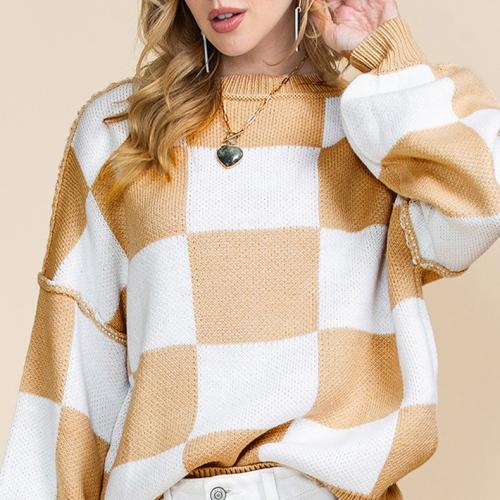 2024 new pullover round neck long sleeve top for women loose casual plaid color matching sweater