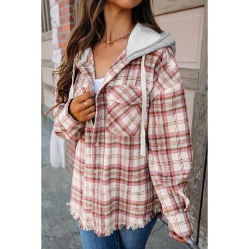 Fashion Plaid stitching hooded jacket for women 2024 New contrast color frayed warm long sleeve coat