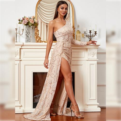 Polyester Waist-controlled Long Evening Dress side slit & One Shoulder Apricot PC