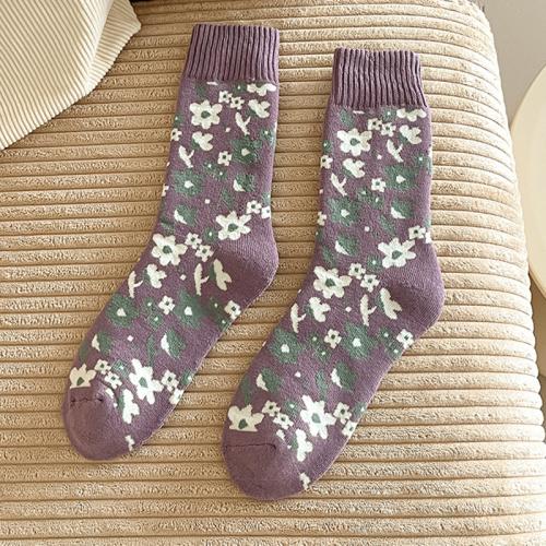 Purple socks women's autumn and winter fleece-lined thickened winter warm plaid cotton socks