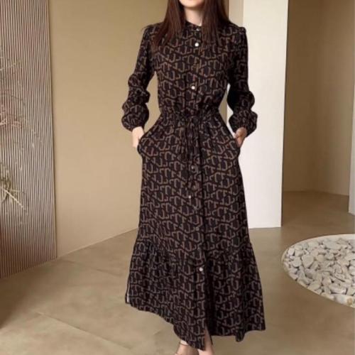 2024 autumn new fashion elegant temperament lace-up waist dress single-breasted dress