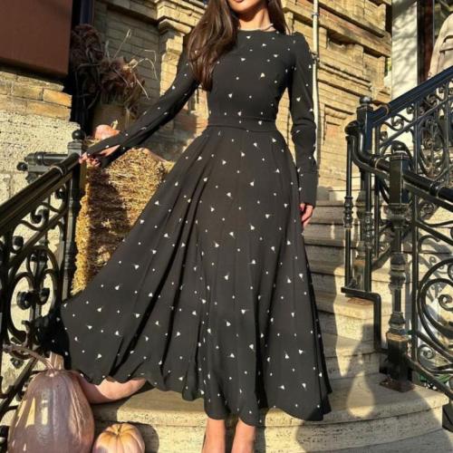 2024 new fashion elegant printed long sleeve high waist lace-up women's dress