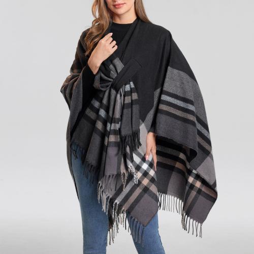 2024 New Knitted Tassel Shawl Double-sided Plaid Autumn and Winter Warm Scarf Fixed Side Strap Cape