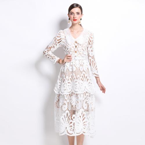 Polyester One-piece Dress mid-long style & slimming & hollow embroider PC