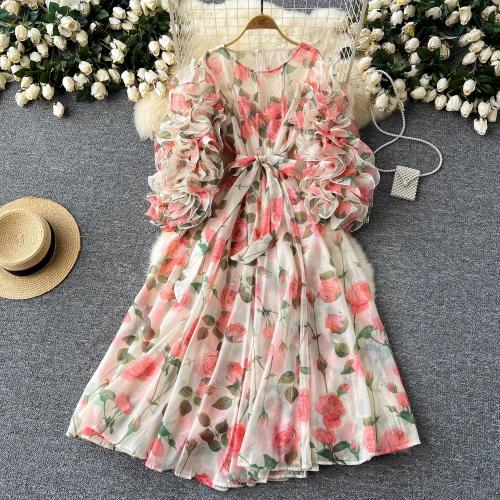 Spandex & Polyester High Waist One-piece Dress printed floral PC