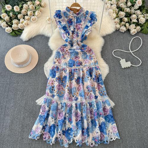 Polyester One-piece Dress slimming & hollow printed blue PC