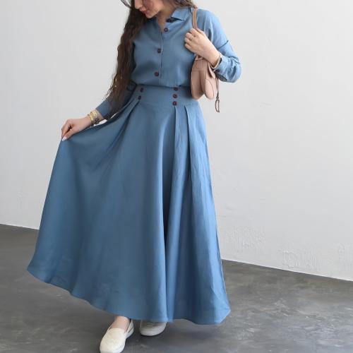 New linen fashion solid color loose long sleeve shirt skirt two-piece set