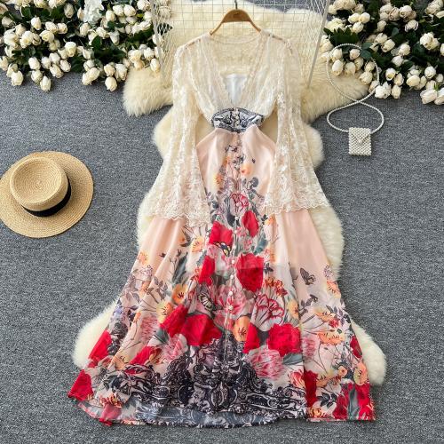 Elegant dress Women V-neck Trumpet Sleeve Lace Stitching Waist Printed Chiffon Dress