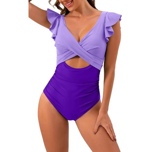 Popular cross swimsuit 2024 one-piece V-neck swimsuit contrast color backless