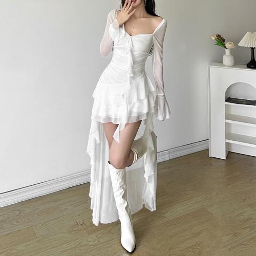 Autumn new women's solid color slim high waist fashion square collar long sleeve gauze dress