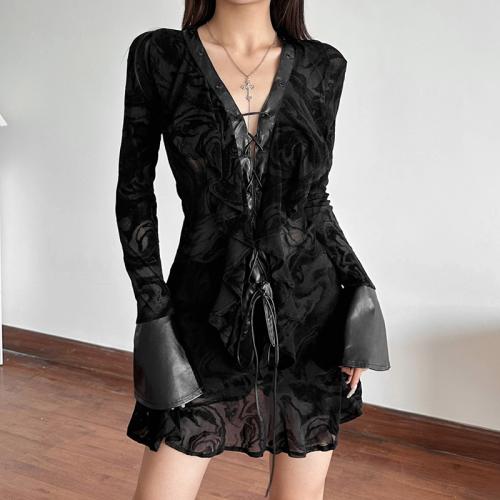 Autumn new women's solid color slim high waist street fashion V collar long sleeve dress