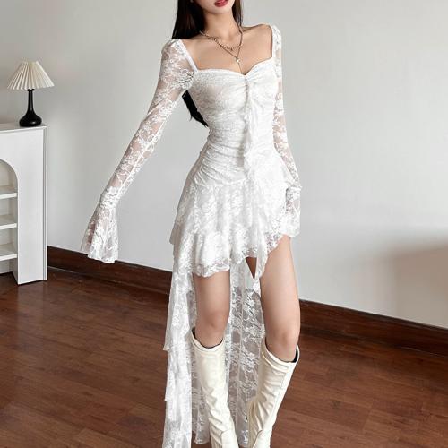 Autumn new women's solid color high waist fashion square collar long sleeve lace stitching dress