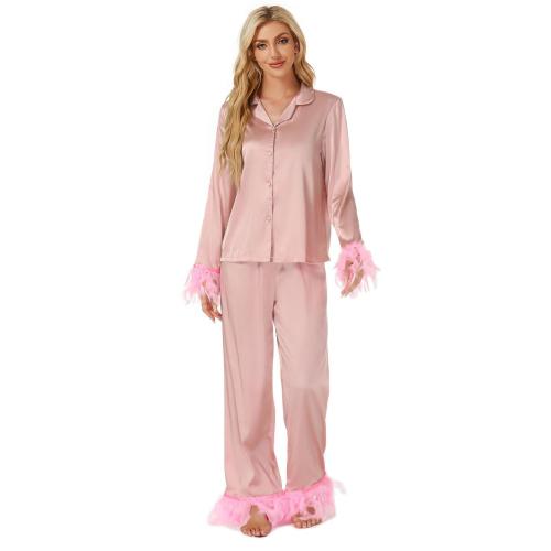 Luxury Elegant Feather Home Clothes suit stain Pajamas Long Sleeve Trousers Two-Piece Set