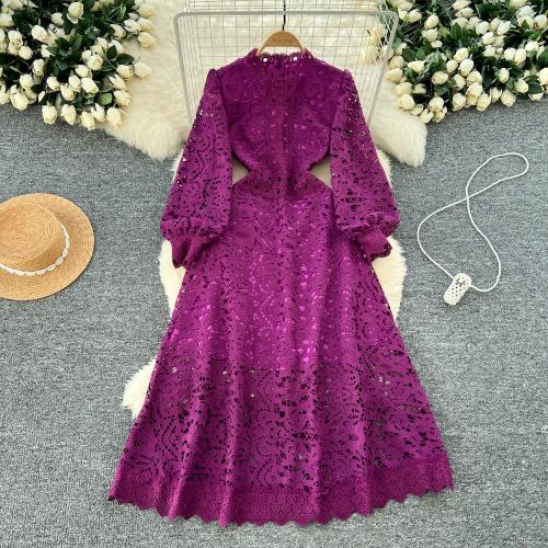 Elegant Women's dress New Hollow Crochet Waist Lantern Sleeve Slim Dress