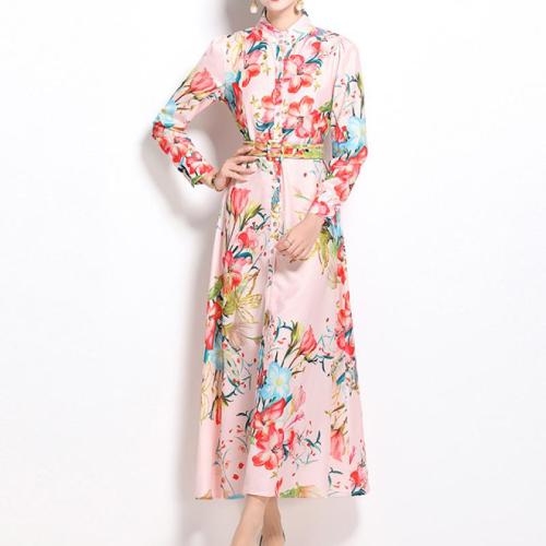 Fashion Retro Printing Tight Waist Slimming Long Sleeve Large dress