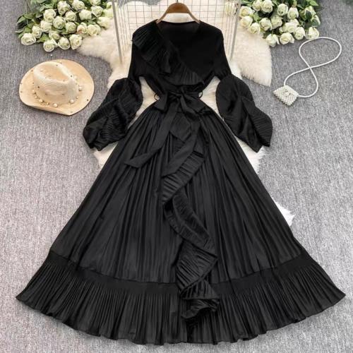 V Collar Long-sleeved Dress Lace-up Ruffled Pleated Ladies Dress Flower Sleeve Dress