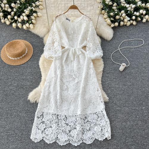 French Style New Women's dress Winter New Lace-up Waist Lantern Sleeve Water-soluble Lace Long Skirt