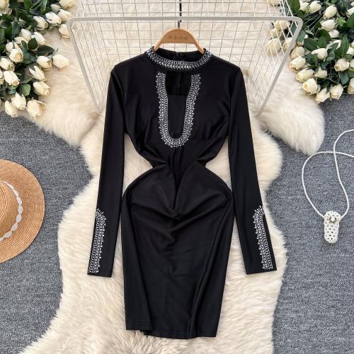 Trendy hollow hot drilling round neck long sleeve dress women winter tight slim hip skirt