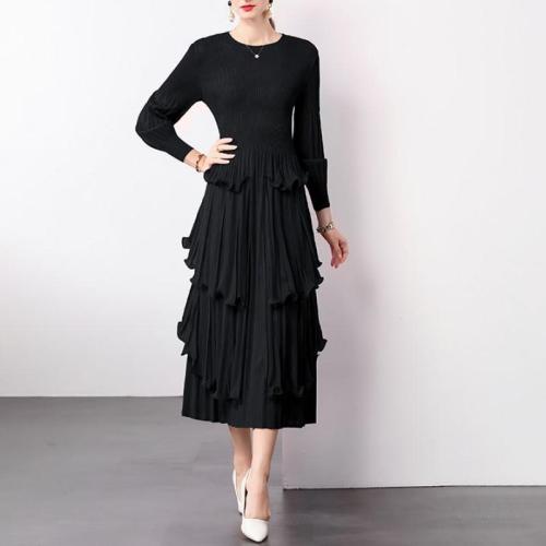 Lantern Sleeve Round Neck Long Skirt Pleated dress