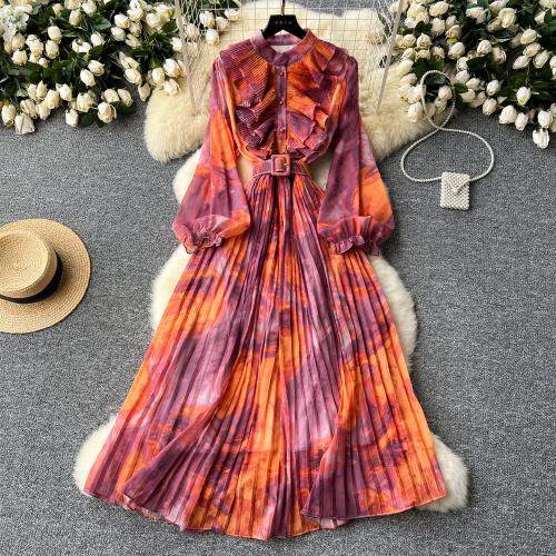 Retro Elegant dress Women's Autumn New Sweet Stitching Long-sleeved Waist Printed Chiffon Dress