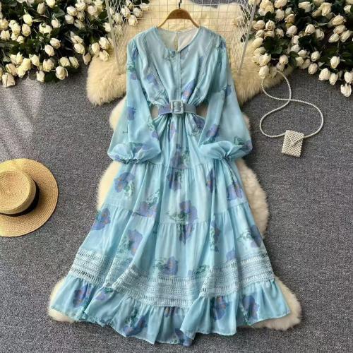 French Style Gentle Sweet Printed dress New High-end Lace Stitching Waist Chiffon Long Dress