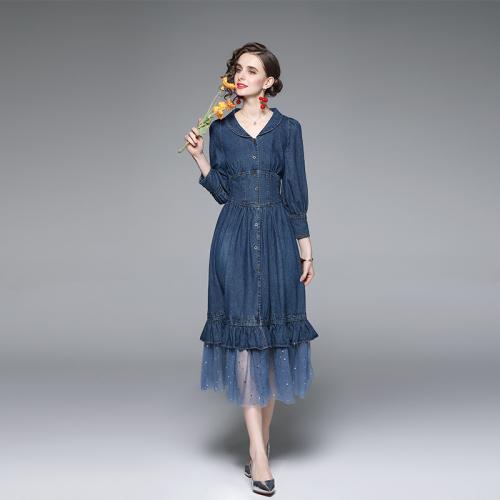 Vintage French Dress Autumn High-end New Waist Denim Mesh Stitching Long Dress