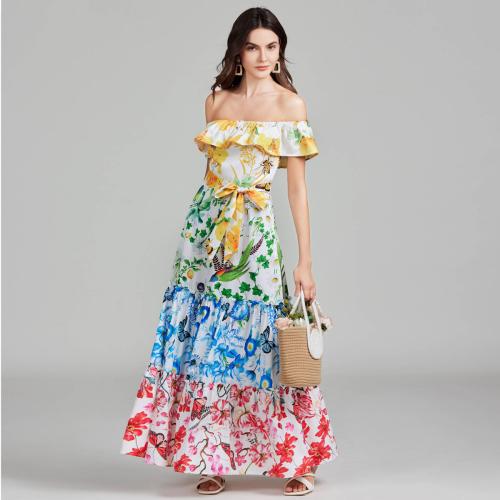 Sexy off-shoulder ruffled four-color printed large pendulum A-line dress