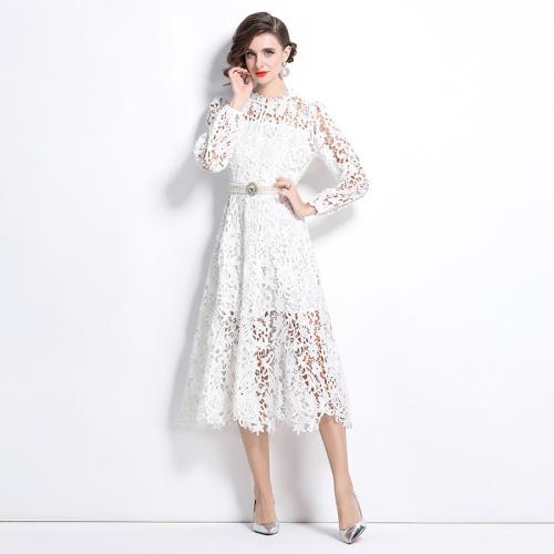 New French Style dress Lace Embroidery Hollow Crochet Waist Belt Long Dress