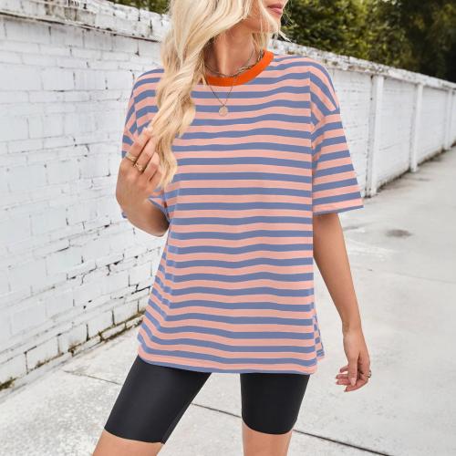 Summer Loose Casual Striped Color-matching Crewneck Half-sleeve T-shirt for Women