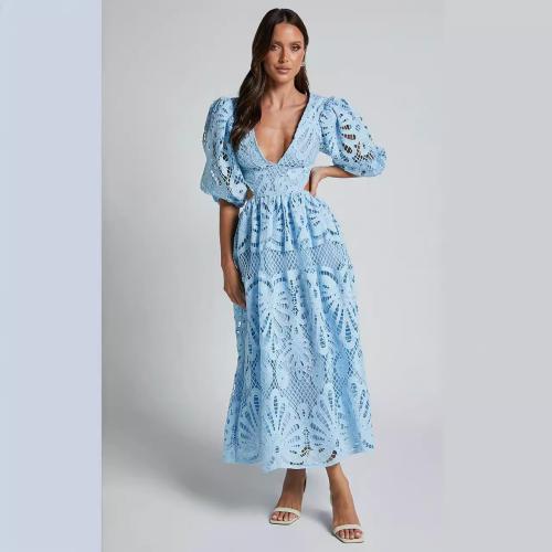 Women's Hollow-out Long Dress New V-neck Lace Embroidered Dress