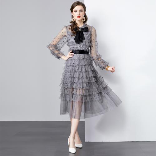 Round neck bow long sleeve mesh ruffled cake skirt dot long dress