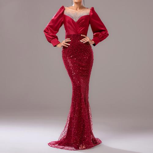 New Elegant Long-sleeved Crewneck Banquet Hip Hot Diamond Sequin Evening Dress Bridesmaid Dress