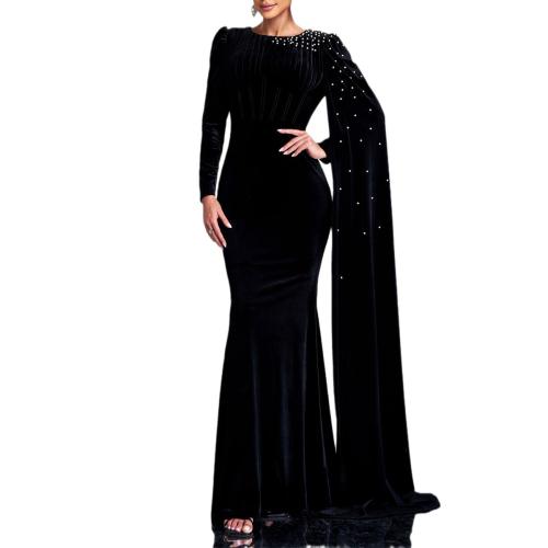 New Elegant Round Neck Long Sleeve Long Hot Rhinestone Banquet Hip Evening Dress Bridesmaid Dress