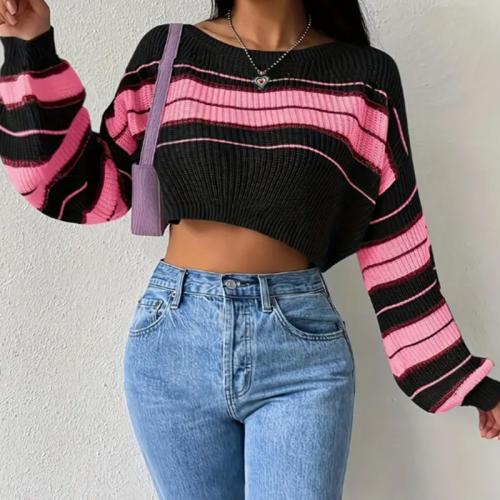 Contrasting Color Stripe Shoulder Sleeve Knitted Sweater Short Pullover Long Sleeve Sweater