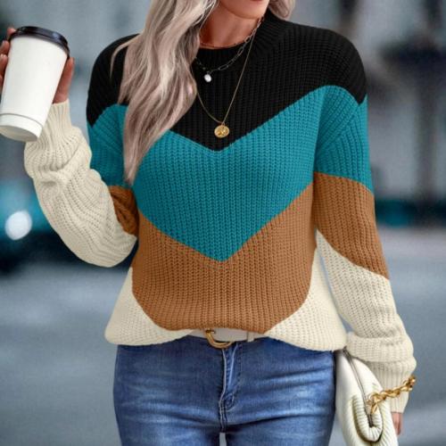 Color Contrast Sweater Crewneck Pullover Striped Loose Casual Women's Knitted Sweater