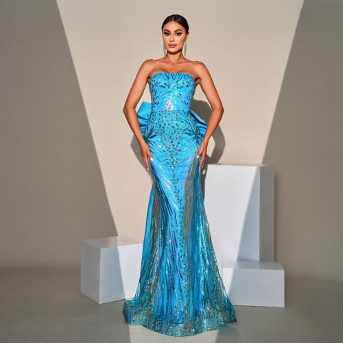 New High-grade Elegant One-character Collar Chest Wrap Banquet Sequin Hip Fishtail Evening Dress