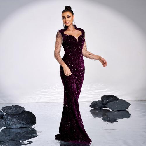 Women's New High-end Long-sleeved Square Collar Hip Banquet Sequins Rhinestone Fishtail Evening Dress