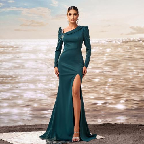 Women's New High-end Long-sleeved Slant Collar Slim-fit Hip Banquet Fishtail Split Evening Dress