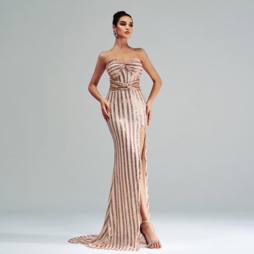 New High-grade Elegant Chest Wrap Collar Banquet Sequin Split Hip Evening Dress